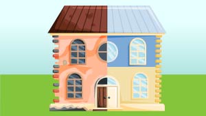 A graphic that shows half an old multi-family unit and the second half fixed.