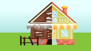 A graphic of a house with half of it old and boarded up and the other restored.