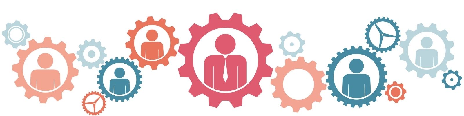 Different color gear icons with people icons inside the gear icons