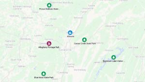 Google Maps view of state and federal parks near Altoona.