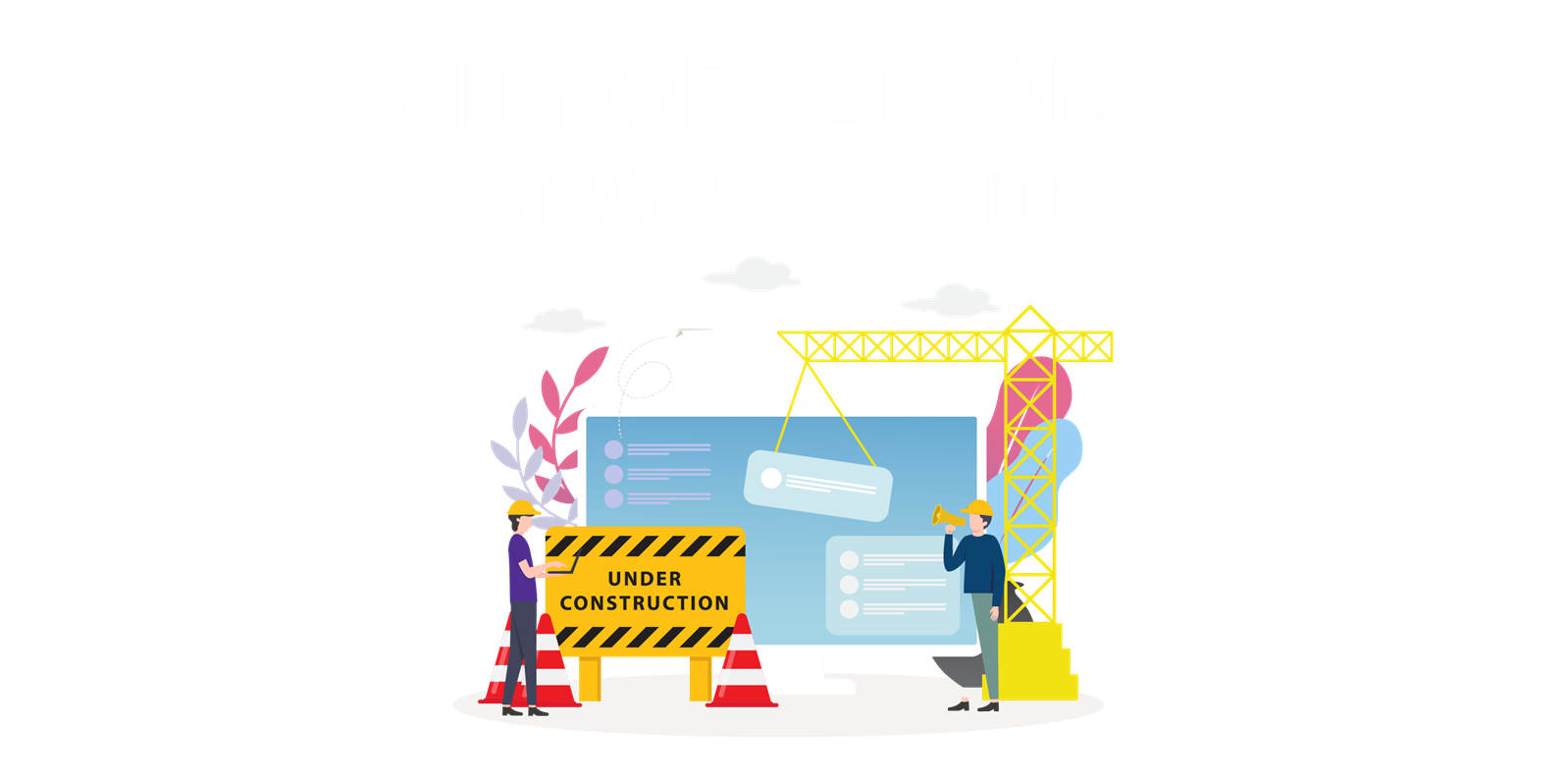 Illustration of two construction workers and a crane, with an