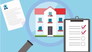 Graphic of a magnifying glass over an apartment